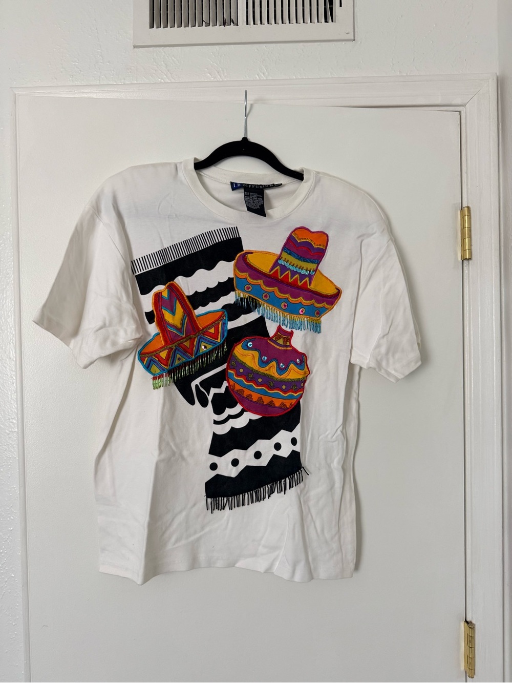 I.B. Diffusion White Graphic Tee with Colorful Embroidered Fiesta Motif